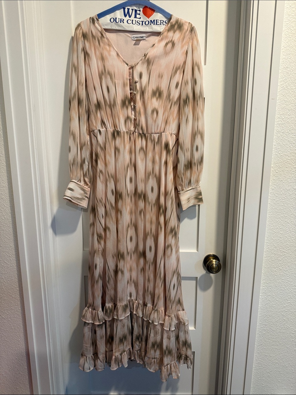 Calvin Klein Beige and Olive Ikat-Print Long Sleeve Midi Dress with belt